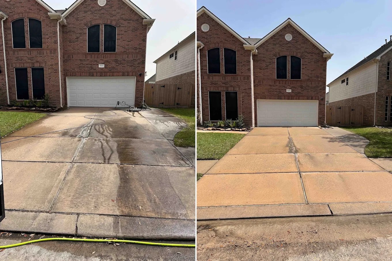 Before and after: gated Houston driveway, dirty concrete on the left, pressure washed clean on the right