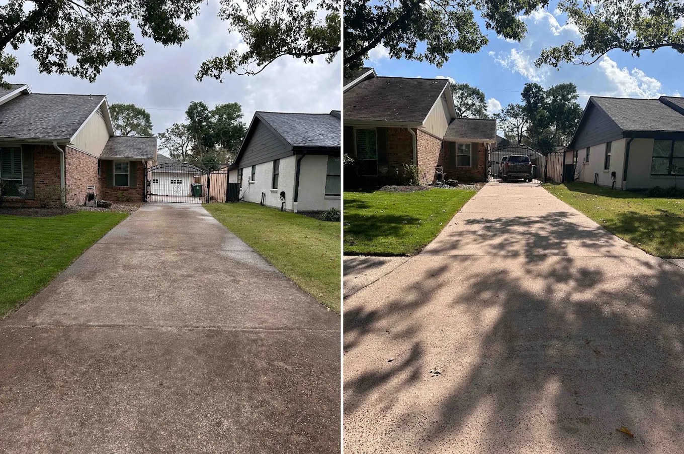 Before and after: two-story brick home driveway, stained concrete on the left, fully clean on the right