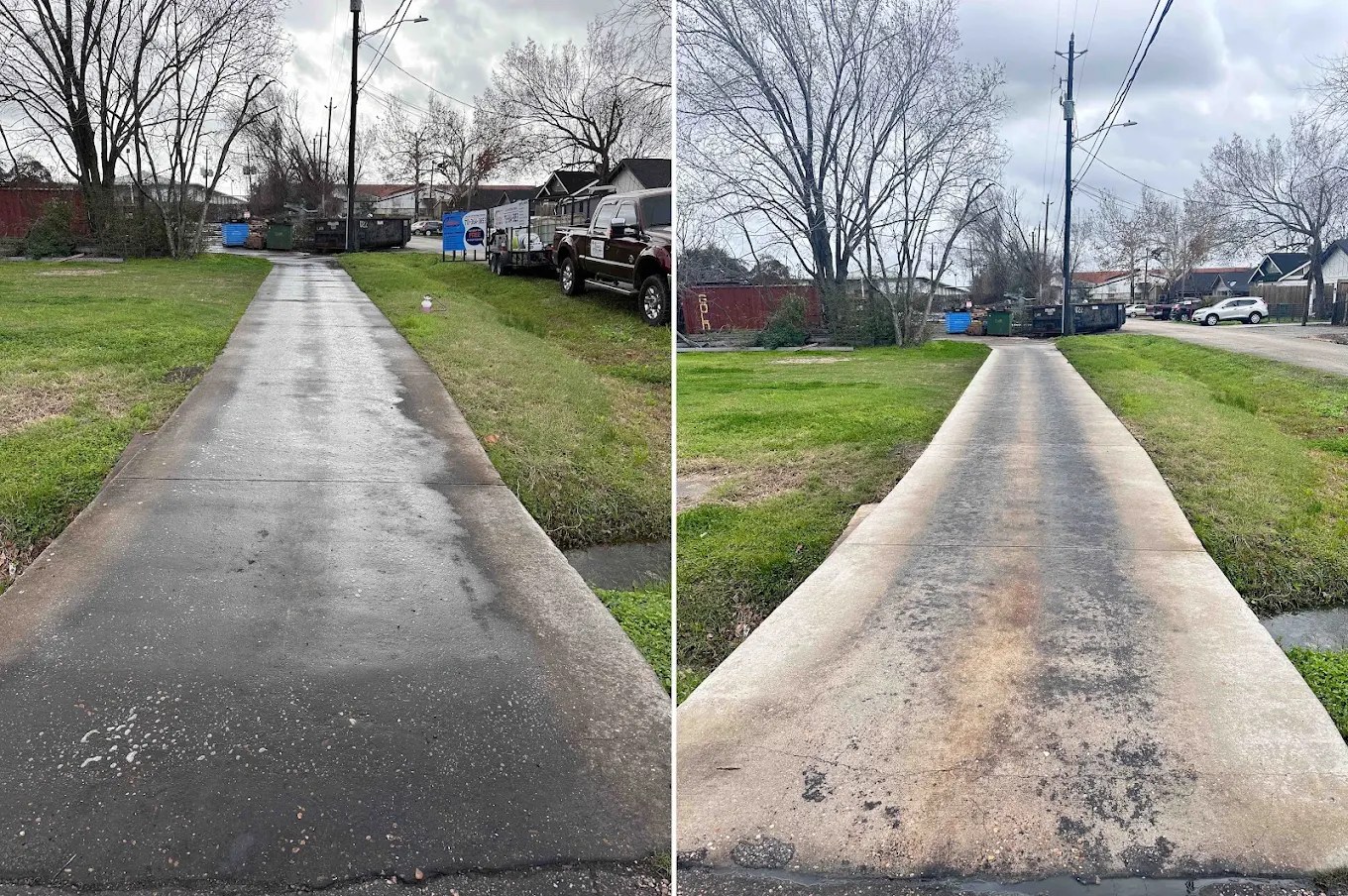 Before and after: commercial property walkway, dark stained concrete on the left, clean light concrete on the right