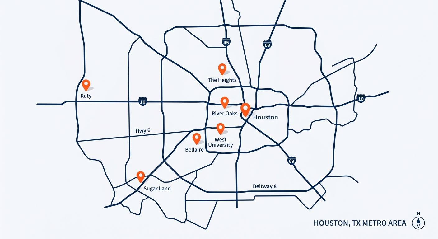 Illustrated map of the Houston, TX metro area with pins marking River Oaks, West University, Bellaire, Sugar Land, Katy, the Heights, and Houston