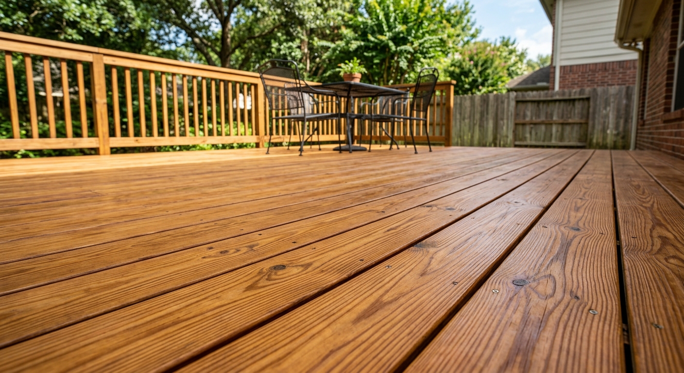 Wood deck restored to its natural warm color after pressure washing, no splintering or stripping
