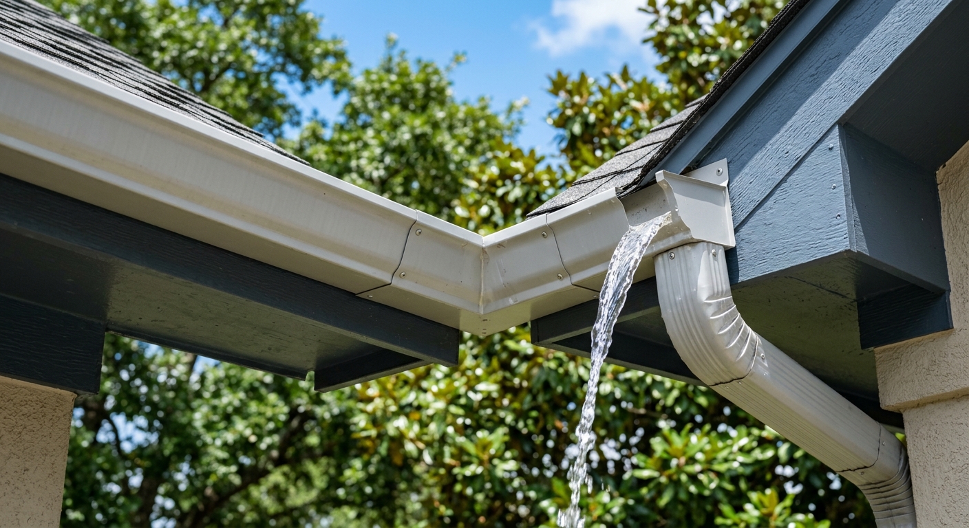 Clean residential gutter with water flowing freely from the downspout