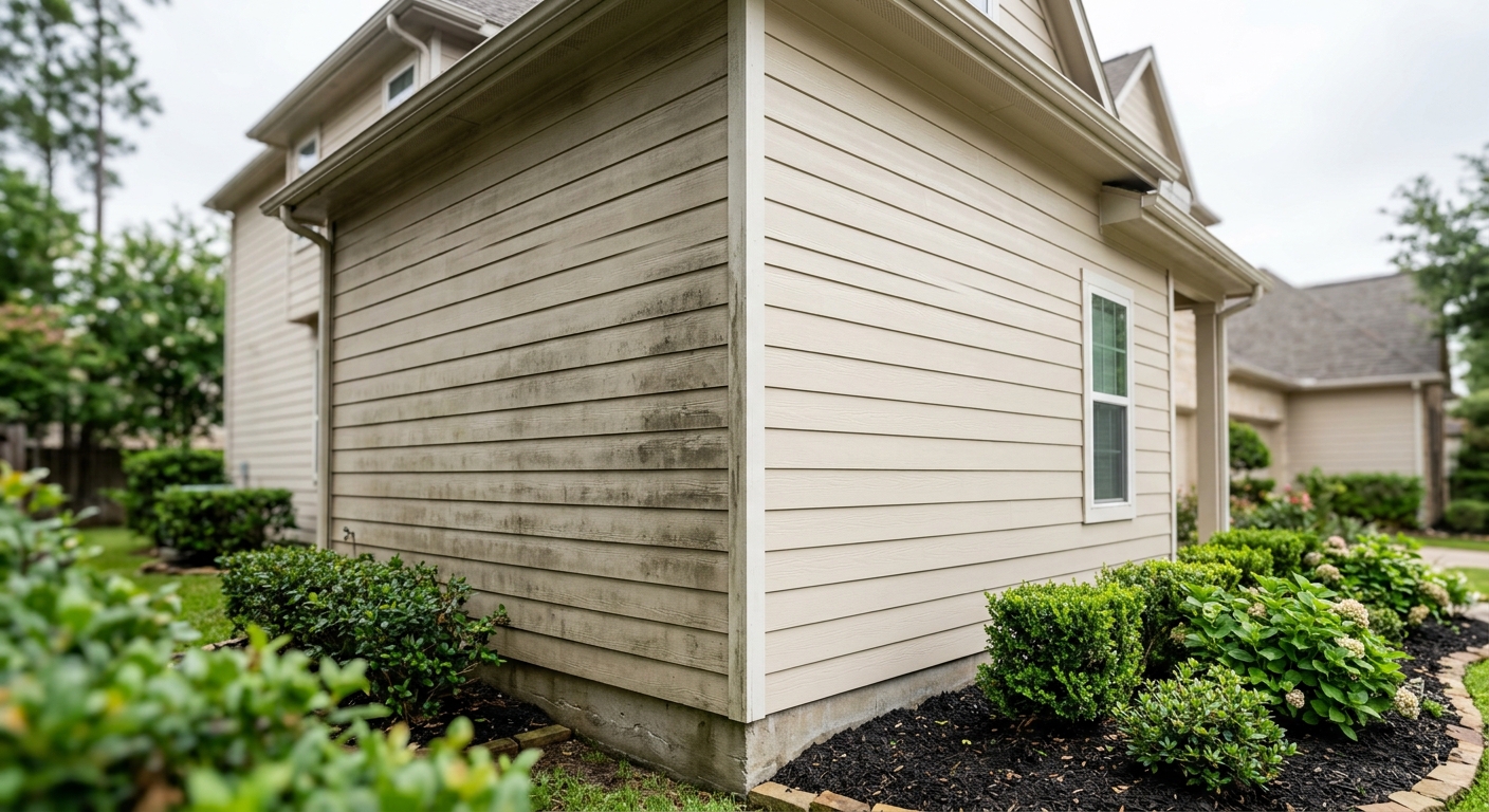 Soft-washed siding wall showing a crisp clean line against the untreated, grimy section