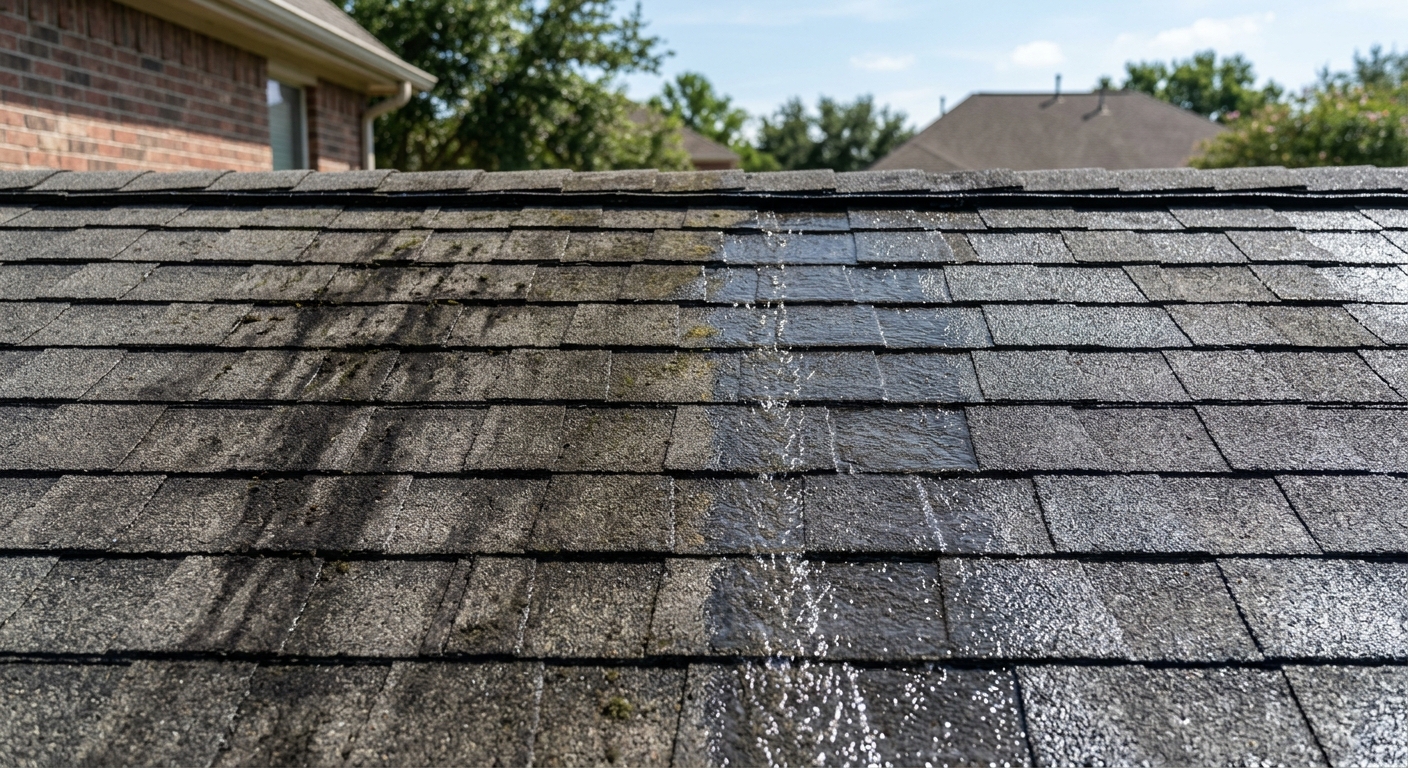 Asphalt shingle roof mid soft-wash, algae and moss streaking rinsing away