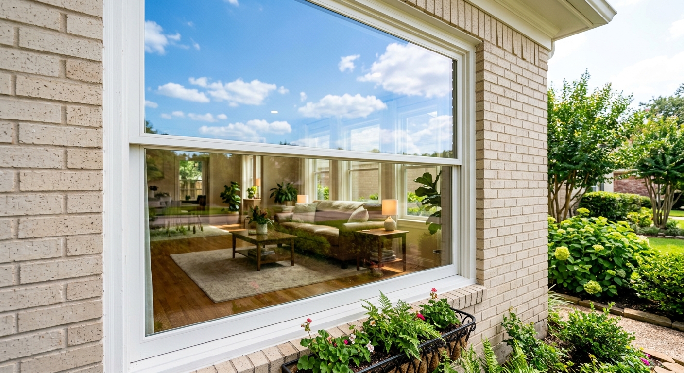 Streak-free, sparkling clean exterior window reflecting blue sky